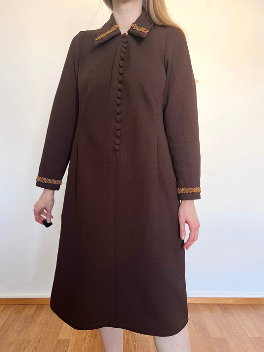60s/70s dark brown and gold dress, Size L