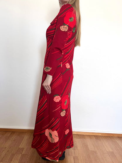 70s red flower maxi dress, Size M