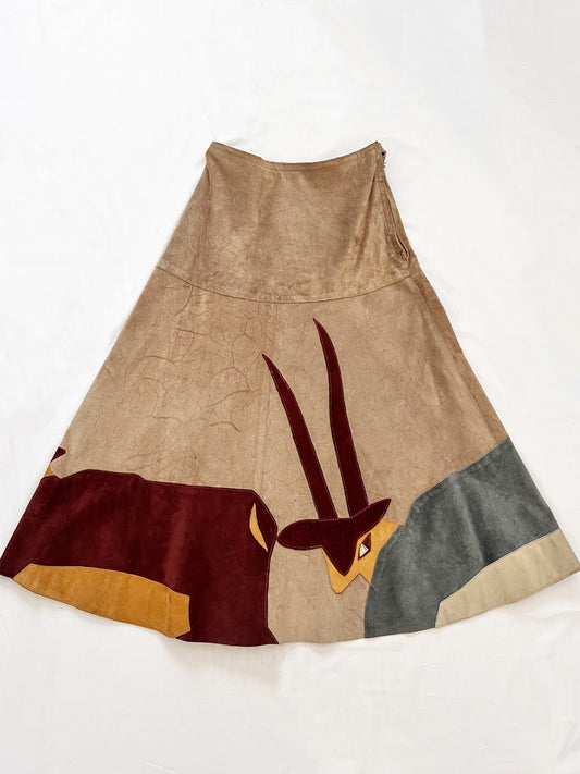 70s animal motif suede skirt, Size XS