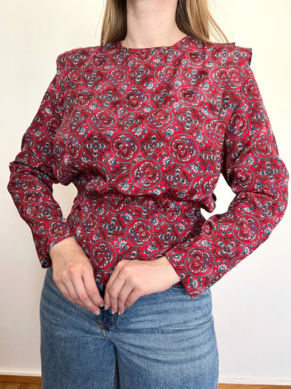 80s red ornate pattern blouse, Size XS-S