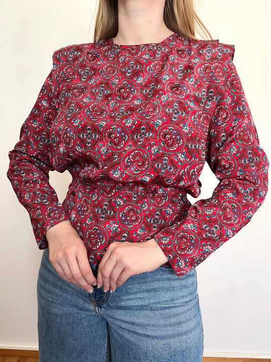 80s red ornate pattern blouse, Size XS-S
