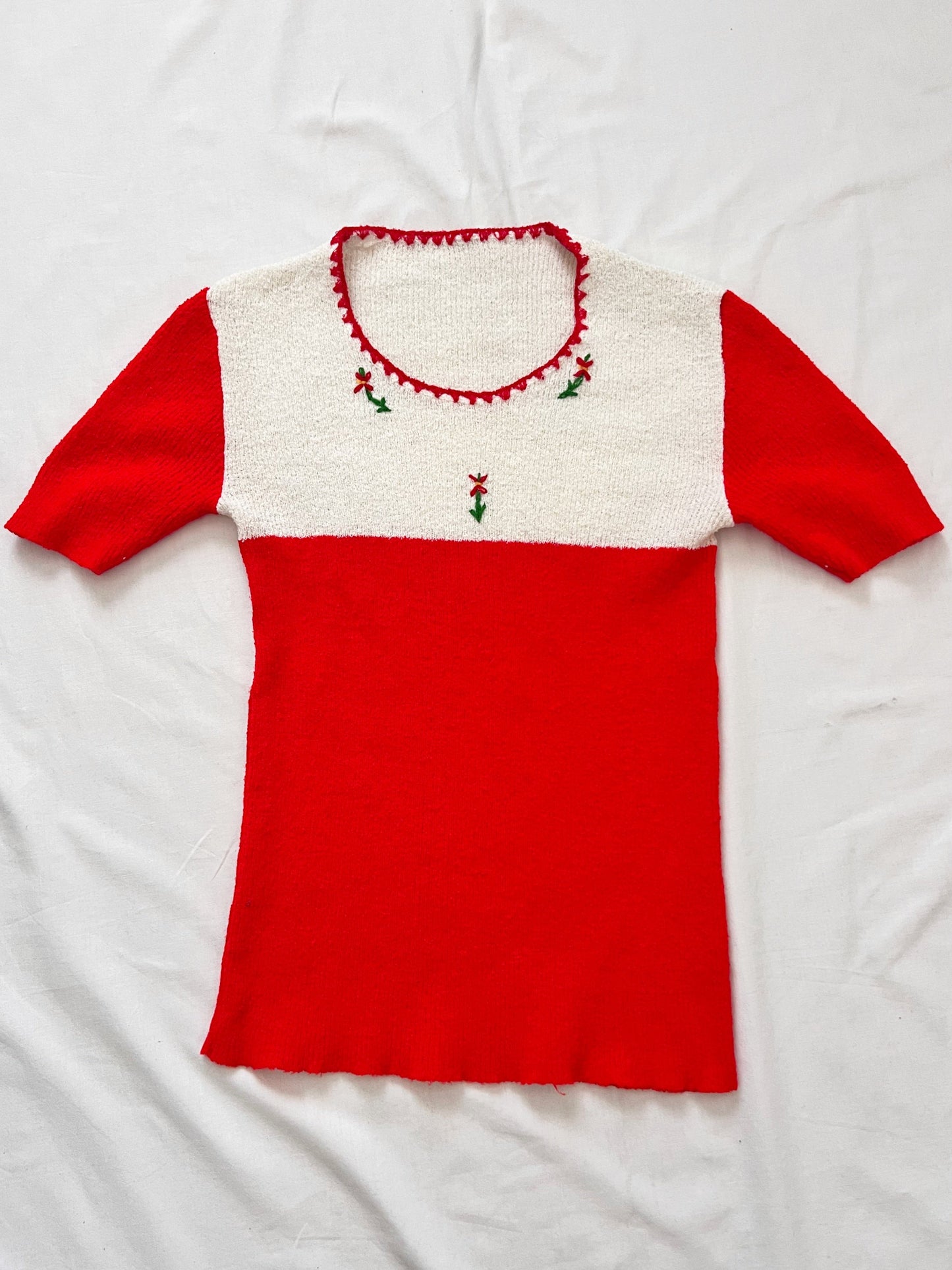 70s red and white knit summer top, Size XS-S