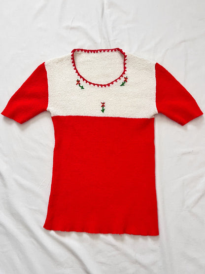 70s red and white knit summer top, Size XS-S