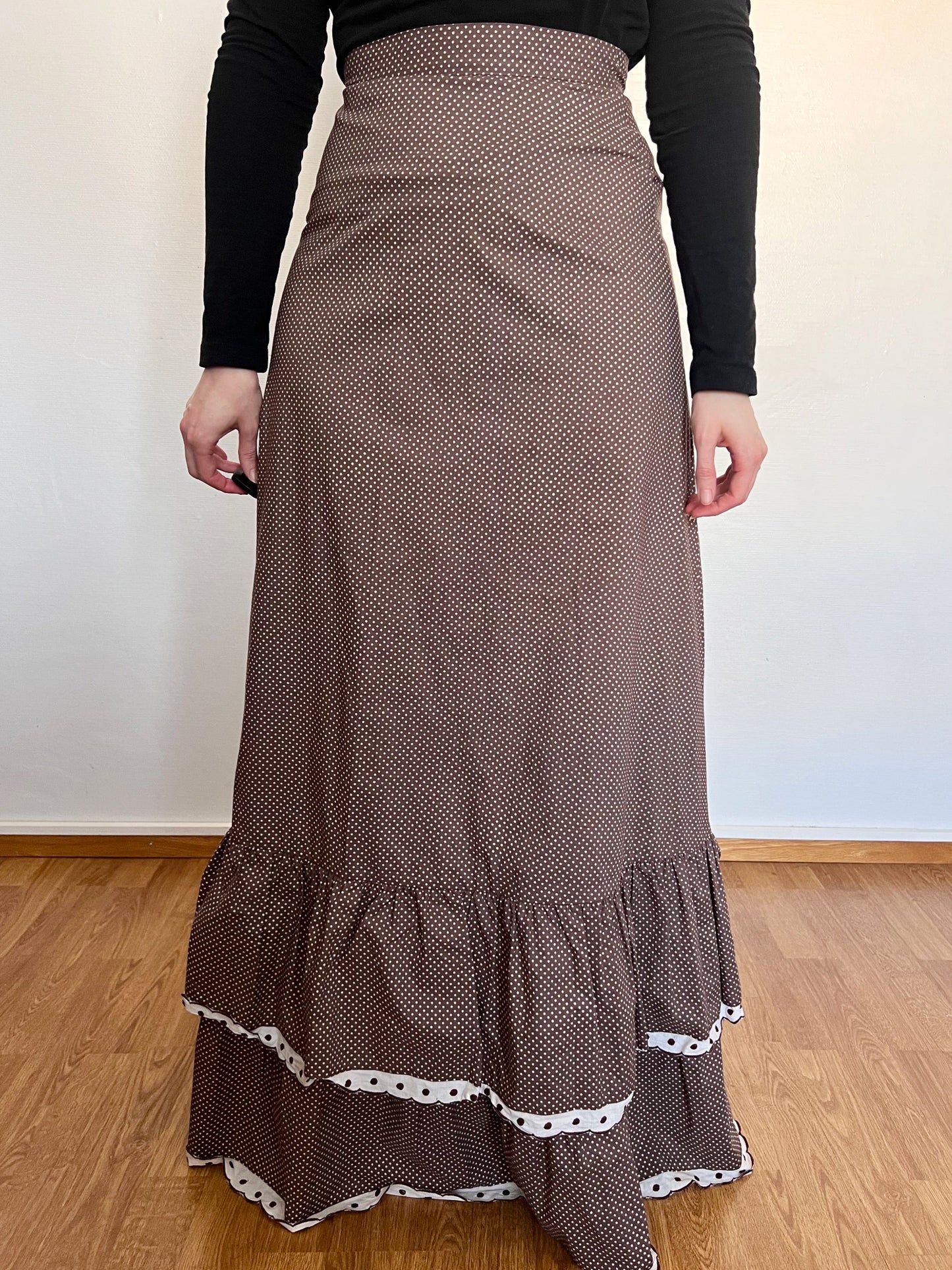 70s Pia & Paula brown and white polka dot maxi skirt, Size XS