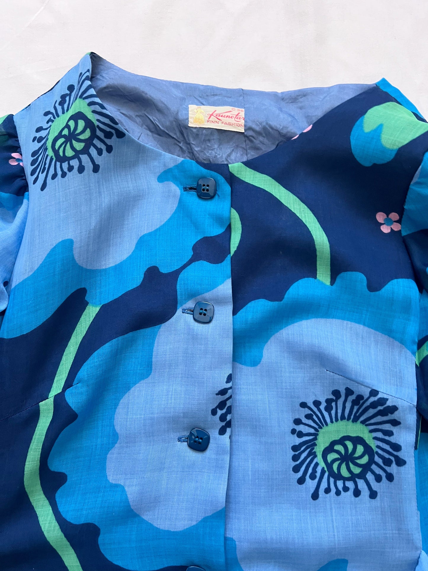 70s blue floral dress, Size XS-S