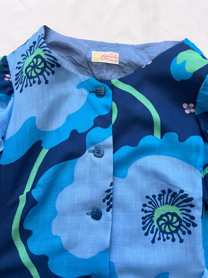 70s blue floral dress, Size XS-S