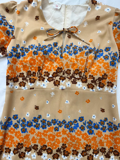 70s beige floral dress, Size M