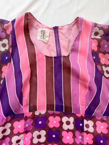 70s pink and purple flower power dress, Size S