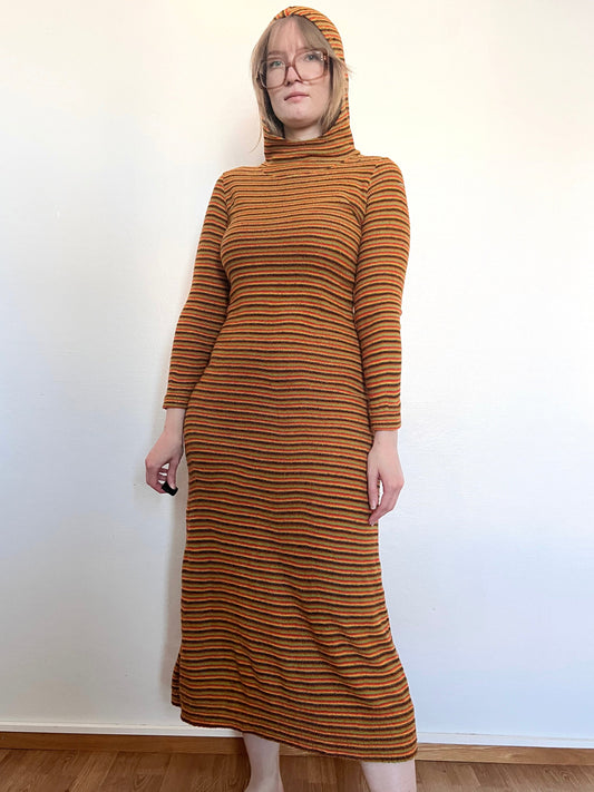 70s knitted striped hooded dress, Size S