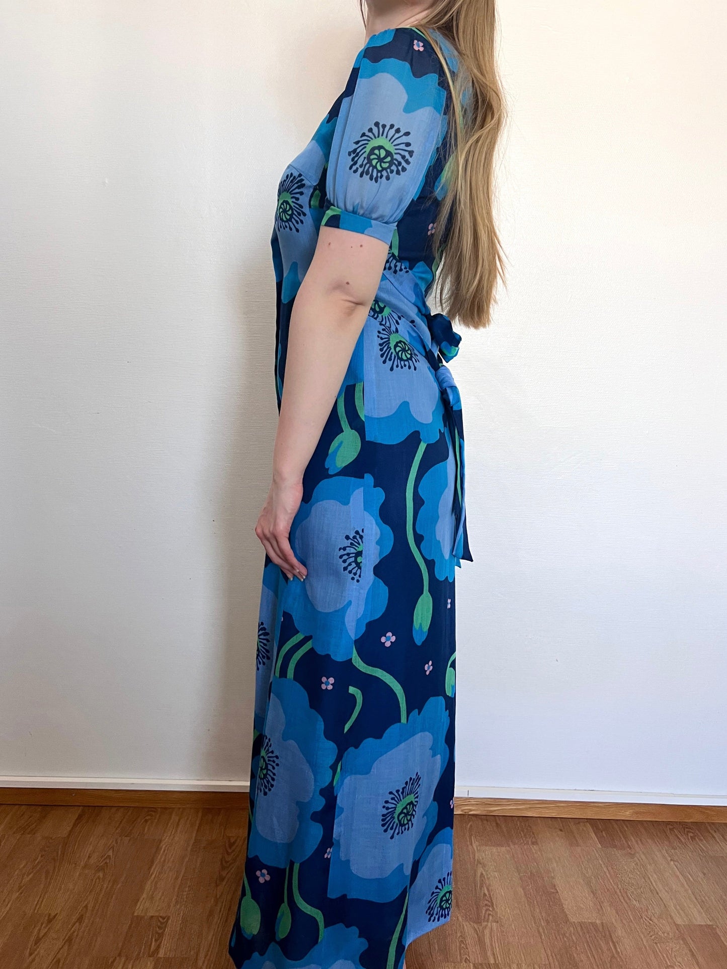 70s blue floral dress, Size XS-S