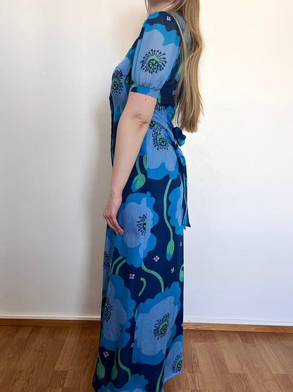 70s blue floral dress, Size XS-S