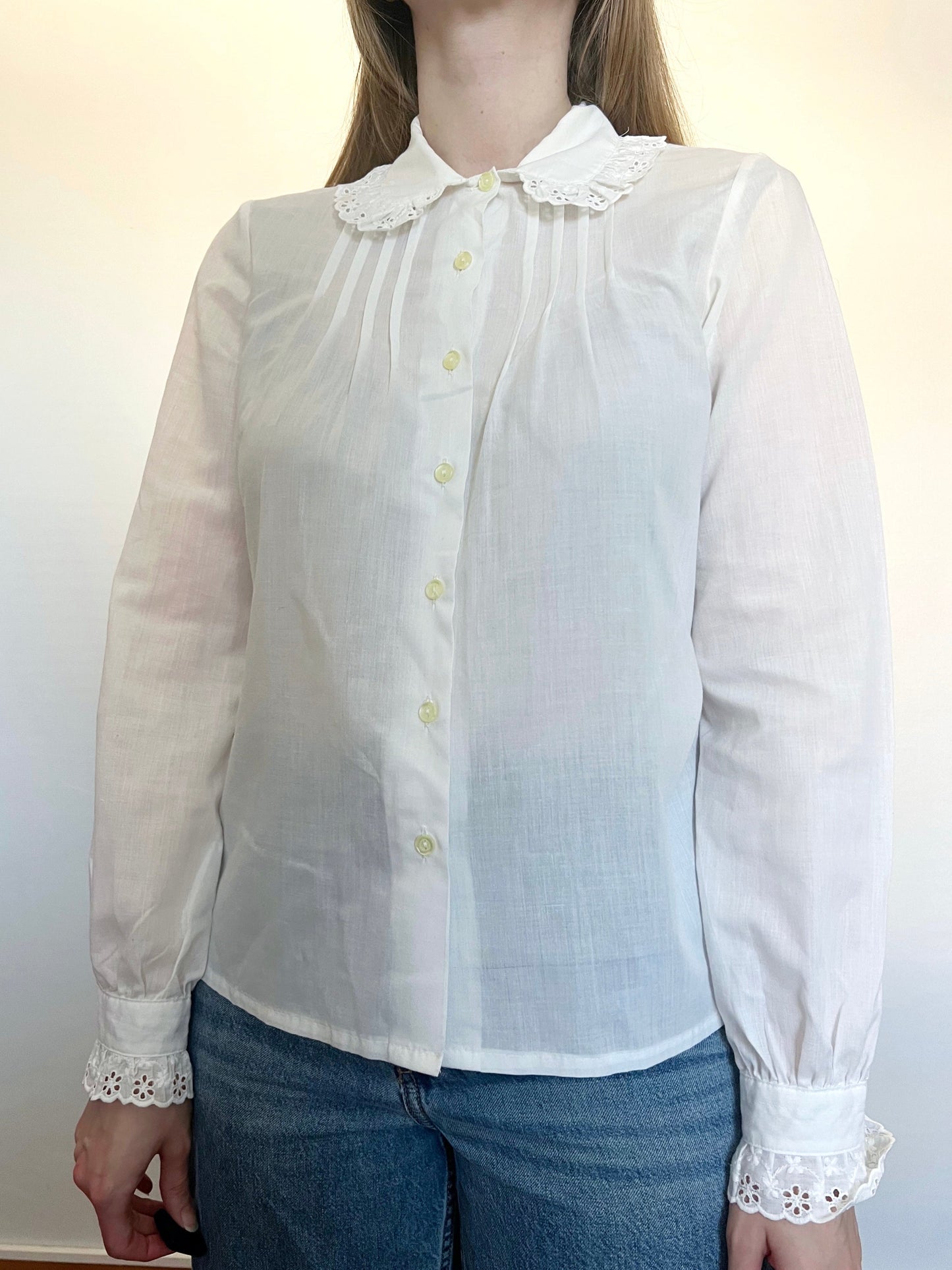 70s white lace blouse, Size M-L