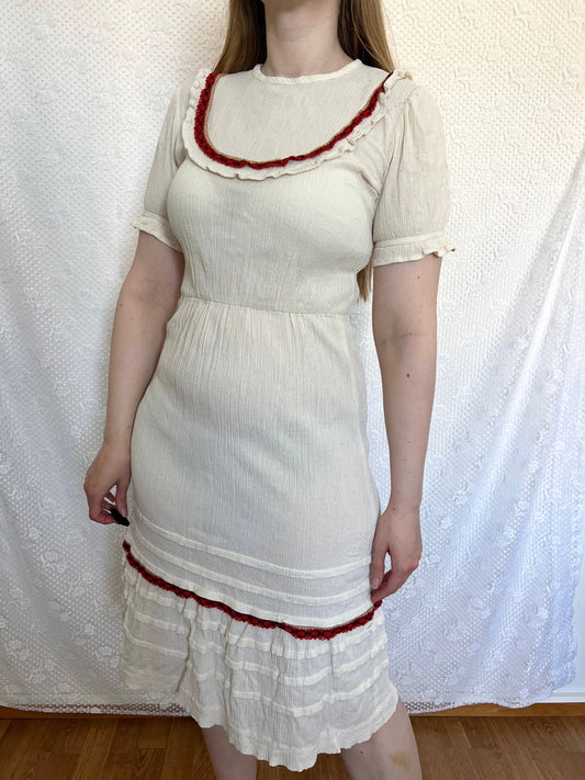 70s cream crinkled dress, Size S