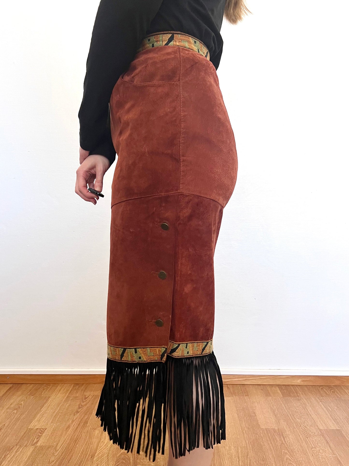 70s suede fringe skirt, Size S