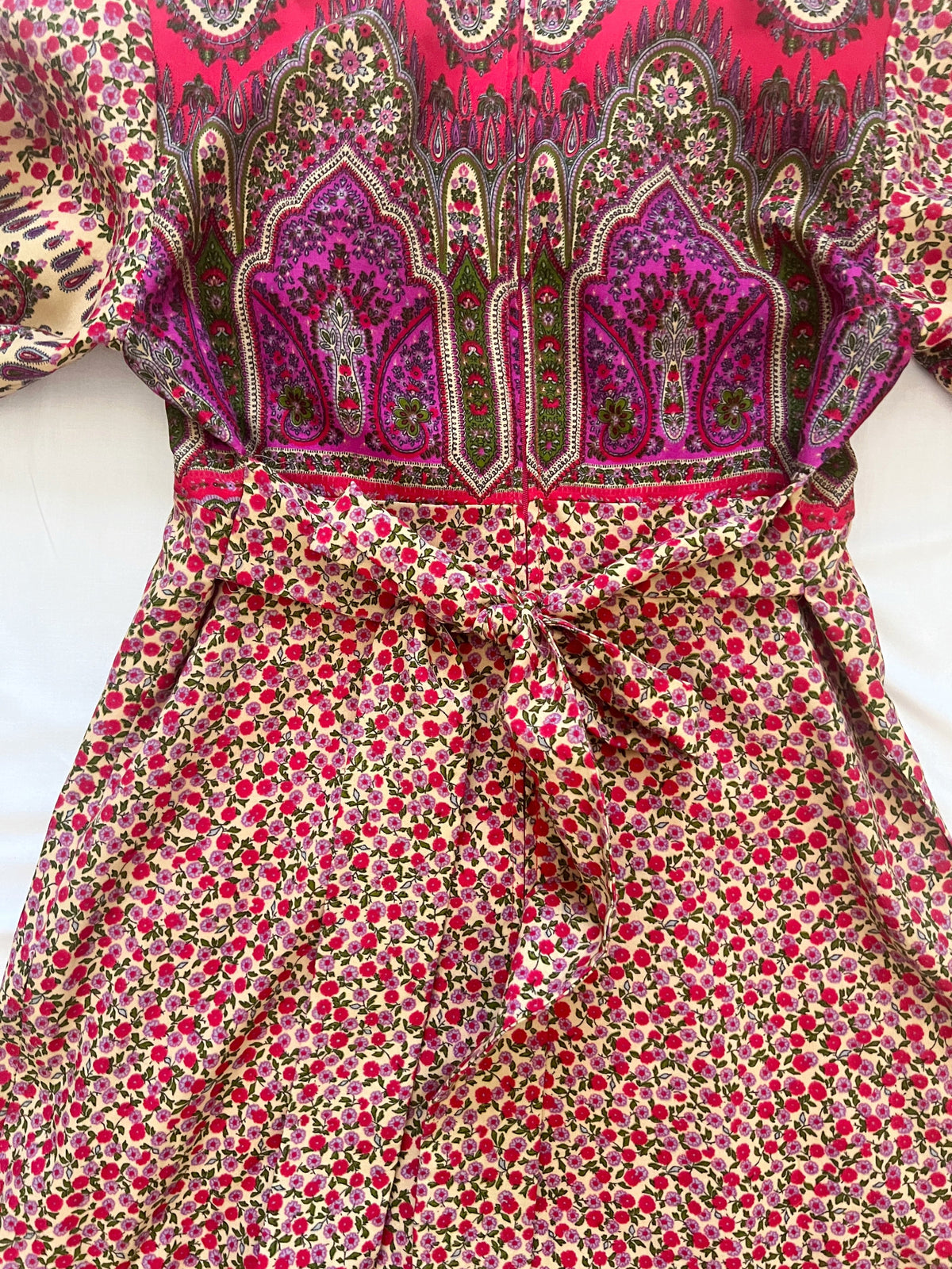 70s red floral Medieval revival maxi dress, Size S-M