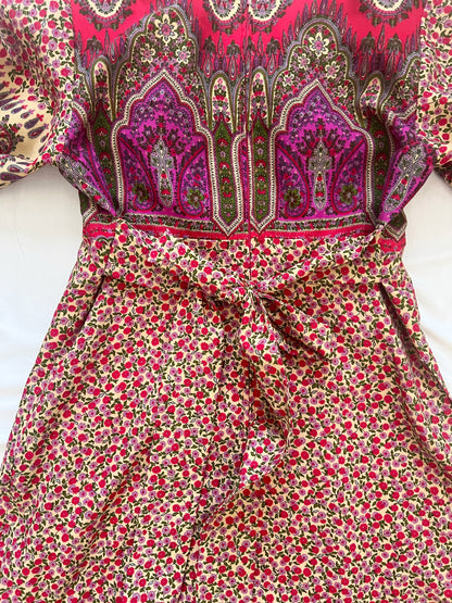 70s red floral Medieval revival maxi dress, Size S-M