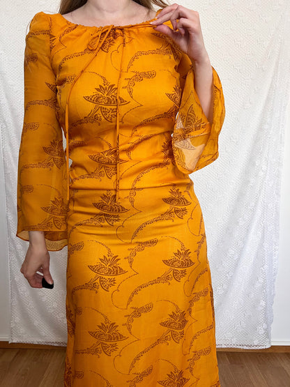 70s orange bell sleeves dress, Size XS