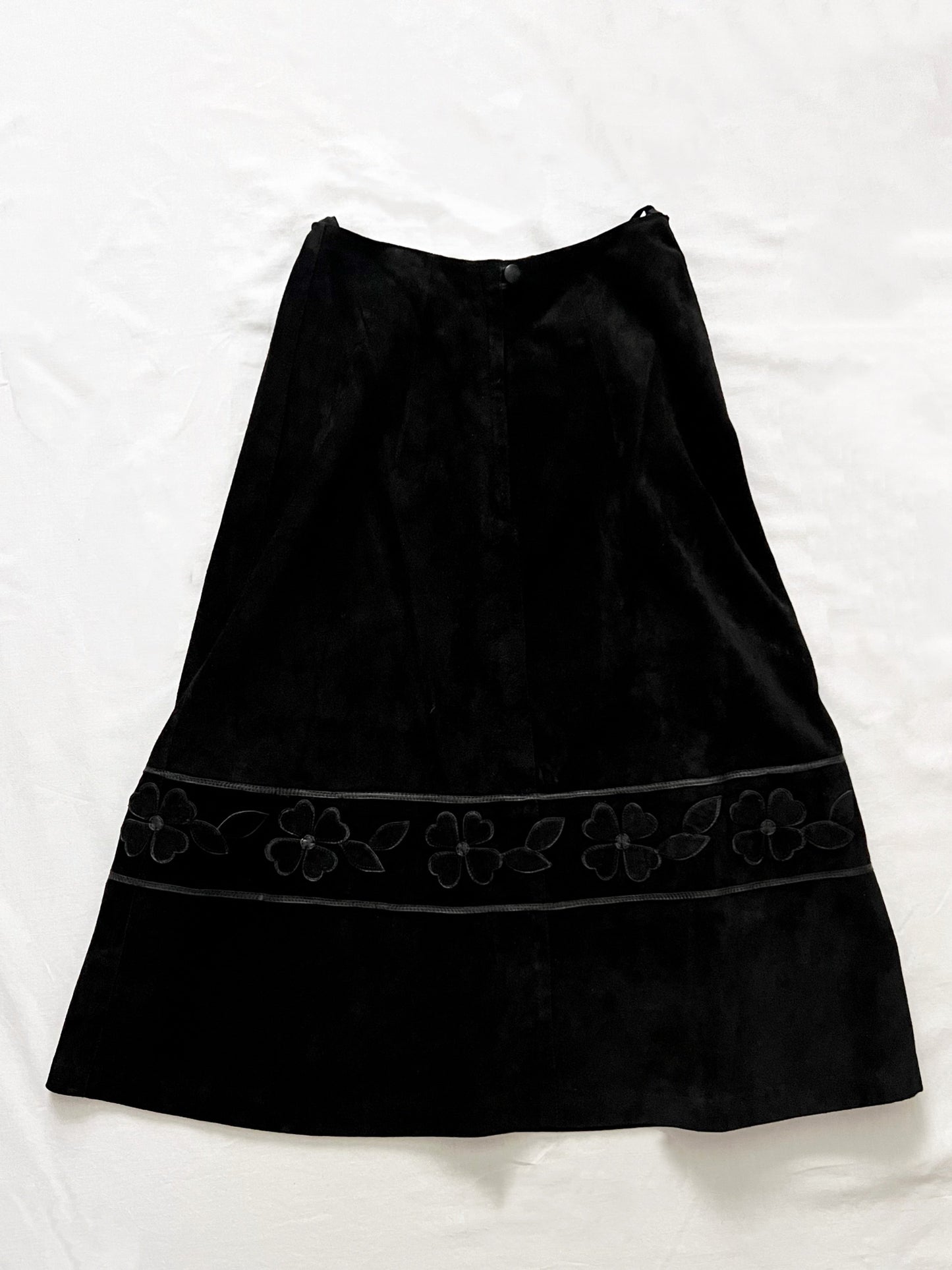 60s black suede flower skirt, Size XS