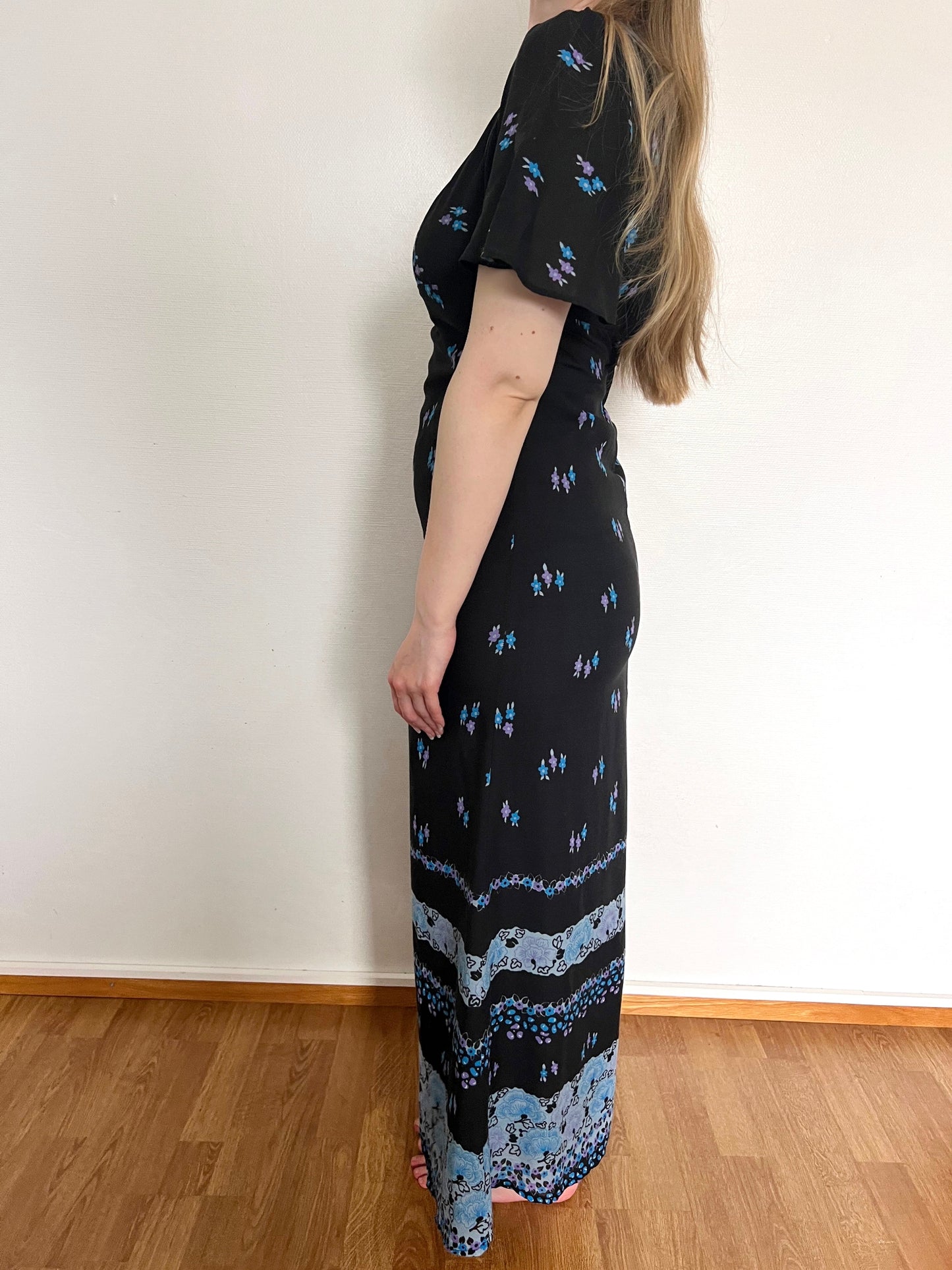 70s black and blue flutter sleeves maxi dress, Size XS