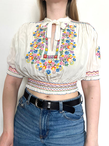 1930s/1940s hand embroidered floral cropped blouse, Size S