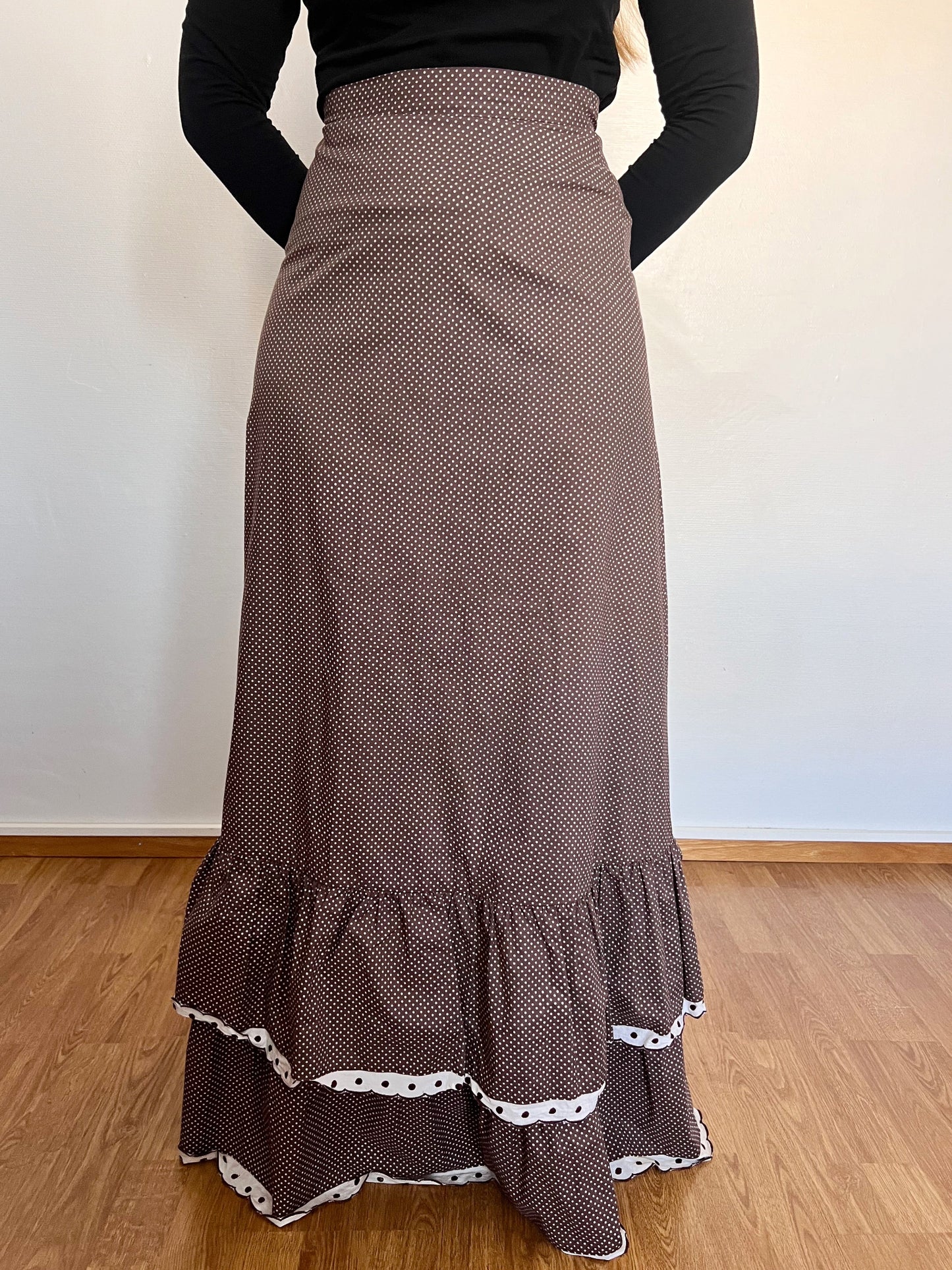 70s Pia & Paula brown and white polka dot maxi skirt, Size XS