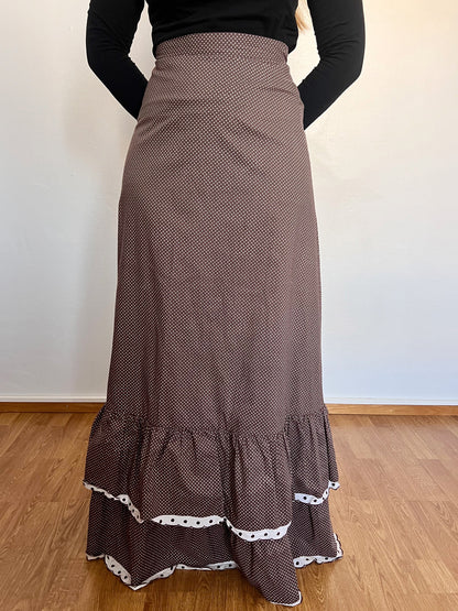 70s Pia & Paula brown and white polka dot maxi skirt, Size XS