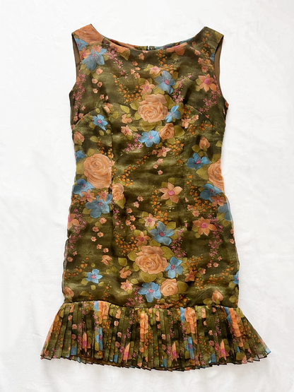 60s green floral dress, Size XS-S