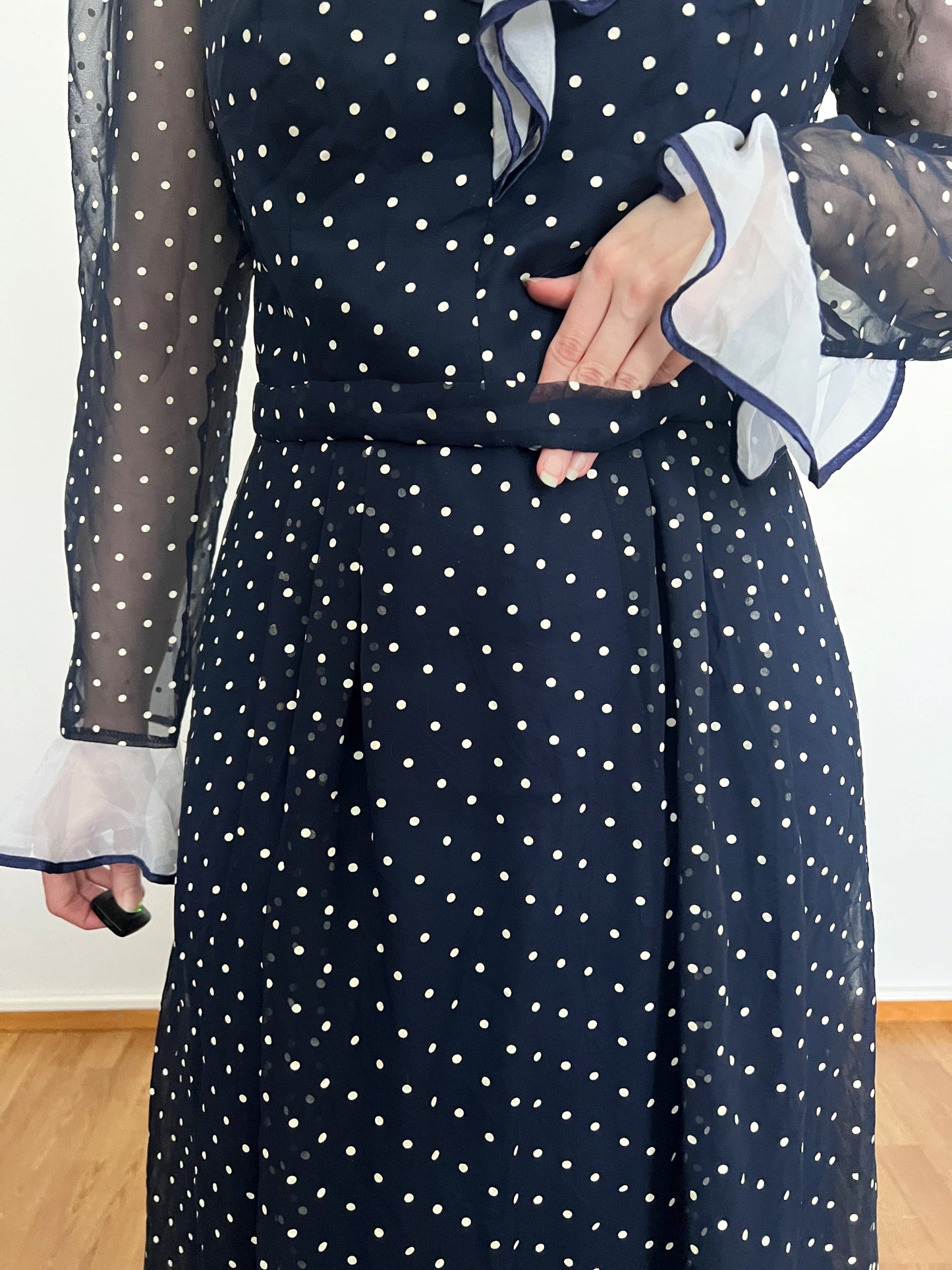 70s blue and white polka dot dress, Size M