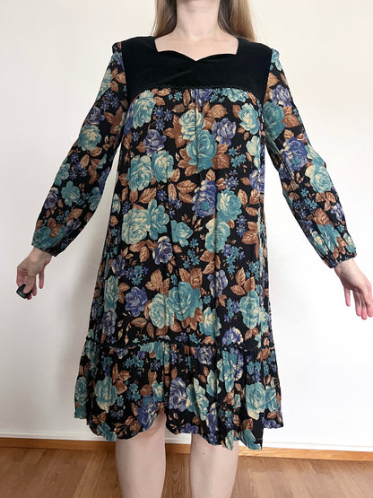 70s floral and black velvet dress, Size S