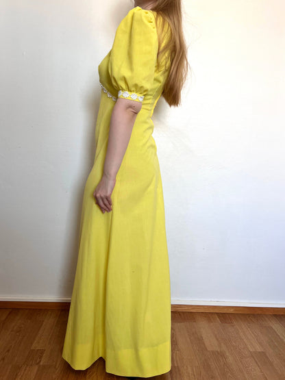 70s yellow maxi daisy dress, Size S