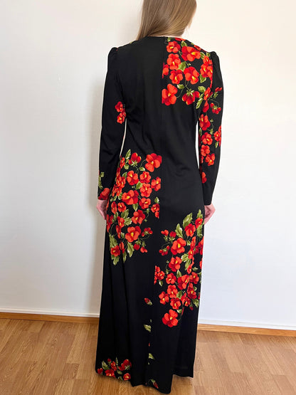 70s black flower dress, Size M-L