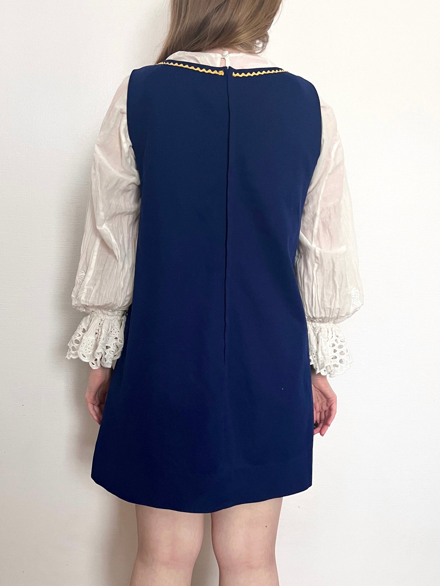 60s navy blue folk style trim dress, Size L