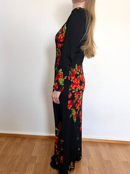 70s black flower dress, Size M-L