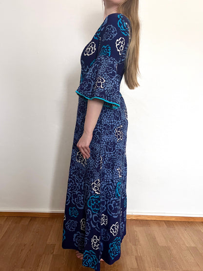 70s 100% cotton blue floral maxi dress, Size S