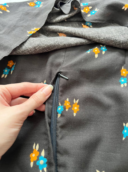 70s black floral cape dress, Size S