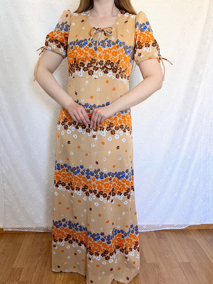 70s beige floral dress, Size M