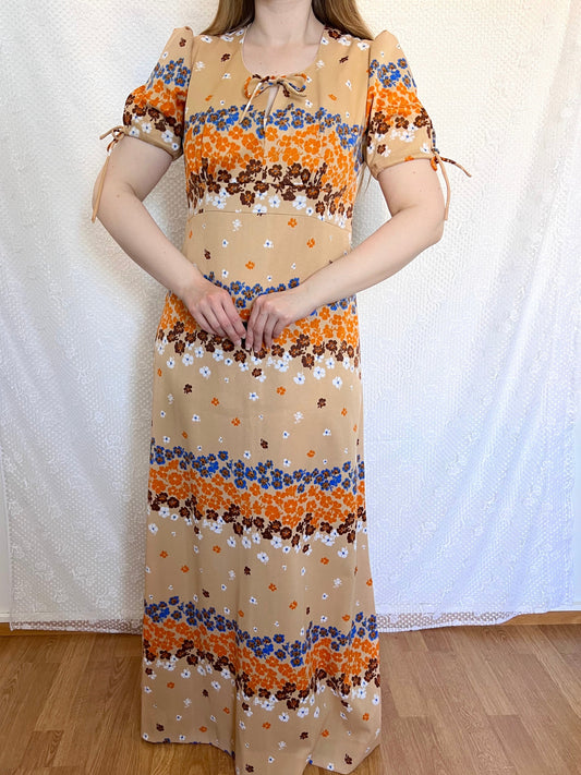 70s beige floral dress, Size M