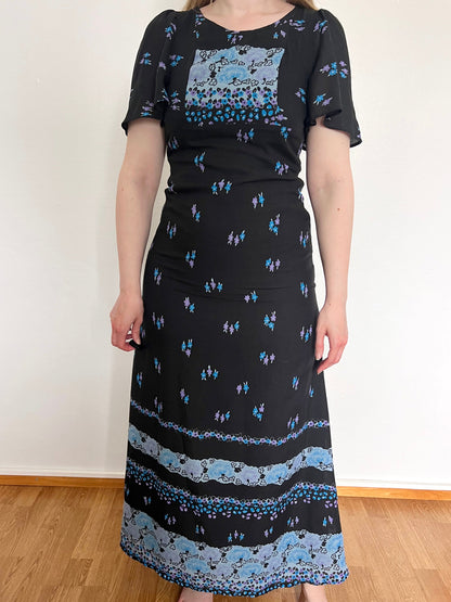 70s black and blue flutter sleeves maxi dress, Size XS