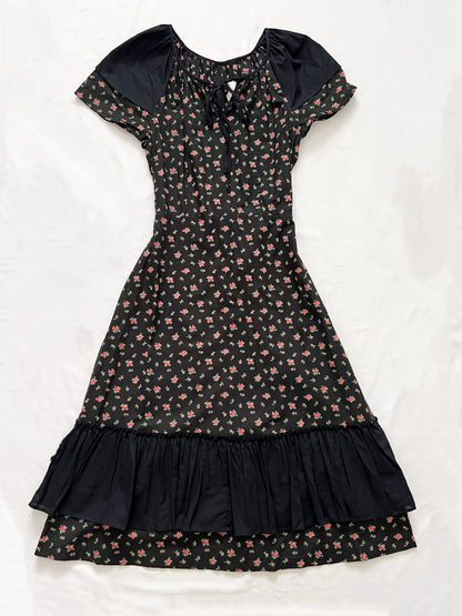 70s 100% cotton black floral dress, Size S-M