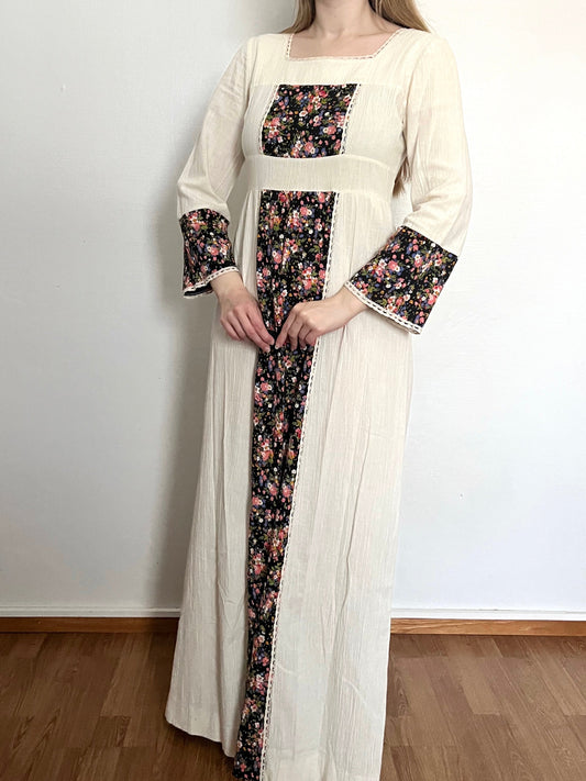 70s cotton cream and floral maxi dress, Size S