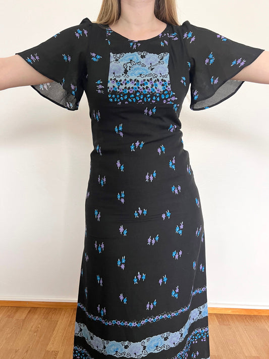 70s black and blue flutter sleeves maxi dress, Size XS