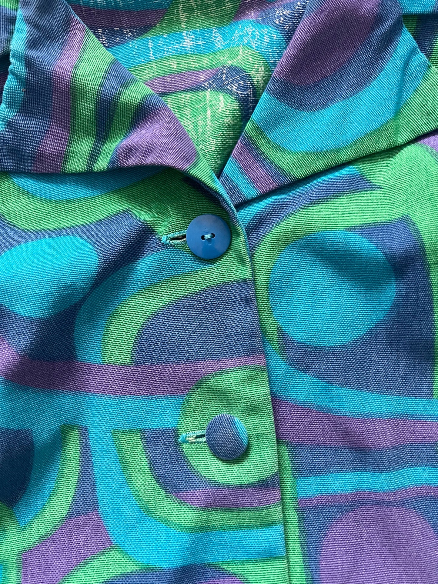 60s blue geometric shirt and skirt set, Size S