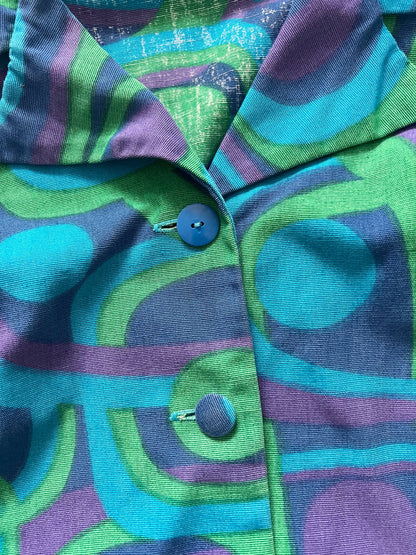 60s blue geometric shirt and skirt set, Size S