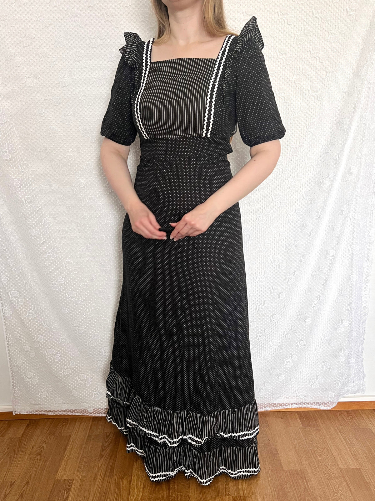 70s cotton black and white maxi dress, Size XS