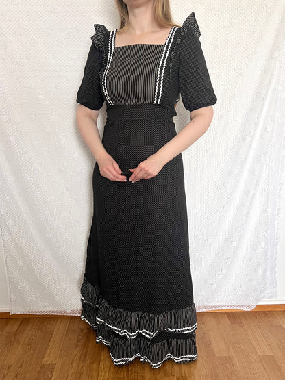 70s cotton black and white maxi dress, Size XS
