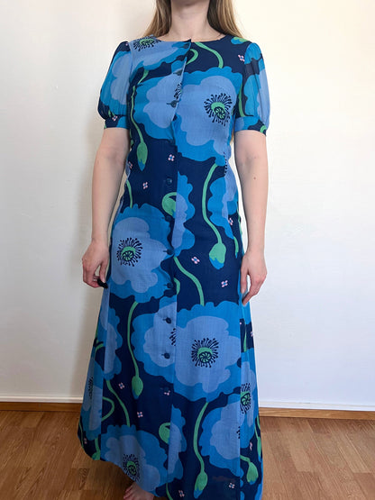 70s blue floral dress, Size XS-S