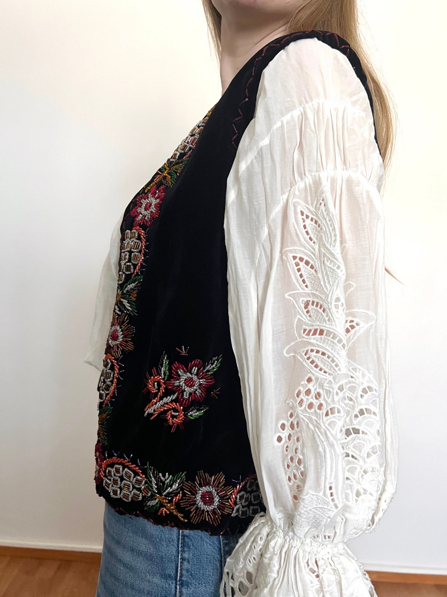 60s black velvet beaded vest, Size M-L