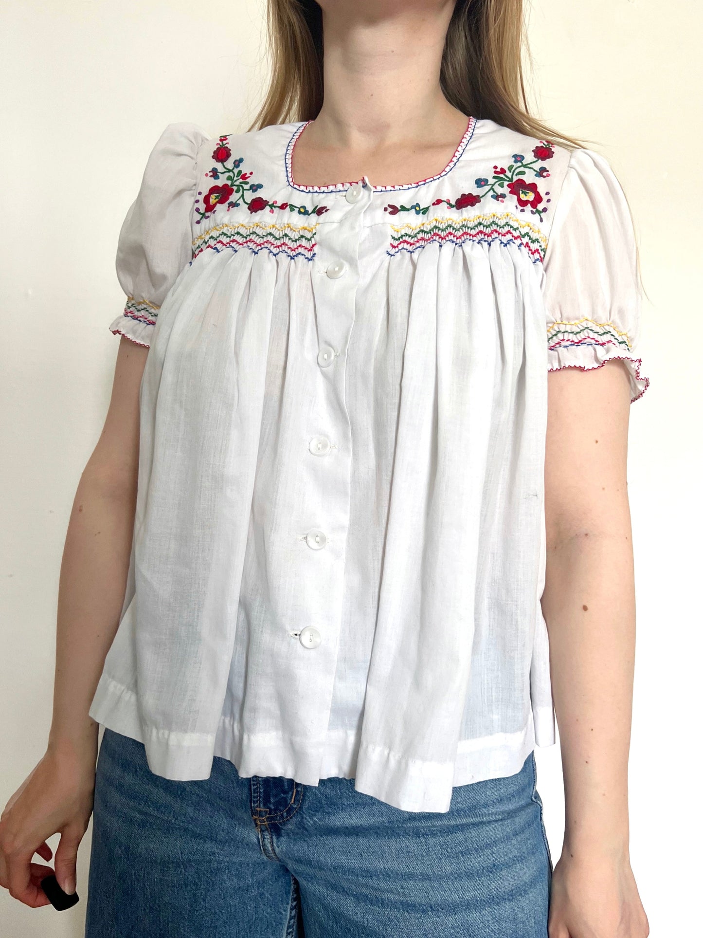 70s babydoll top with embroidery, Size S