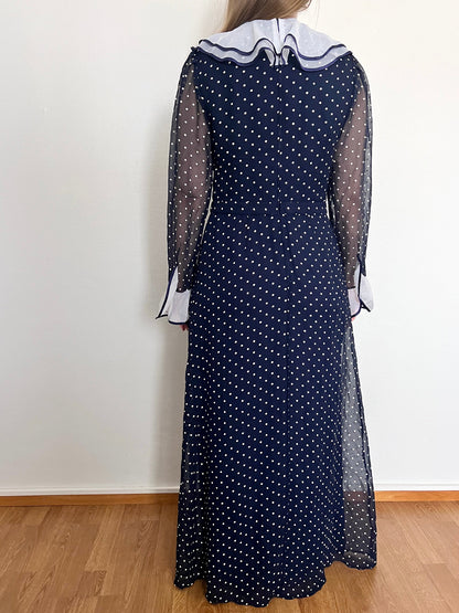 70s blue and white polka dot dress, Size M