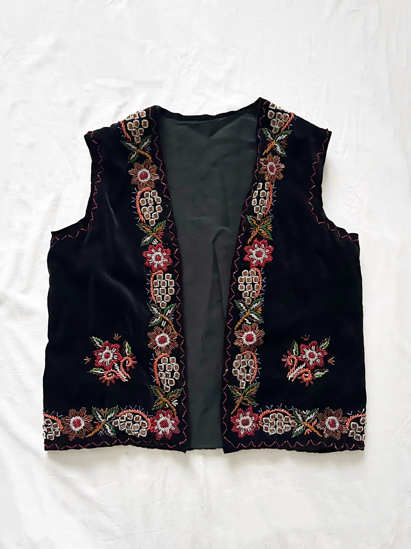 60s black velvet beaded vest, Size M-L